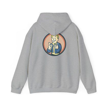 Nuka Cola Nuka Girl Vintage Pin up on the front with Nuka Boy Finger Guns on the back Unisex Hoodie