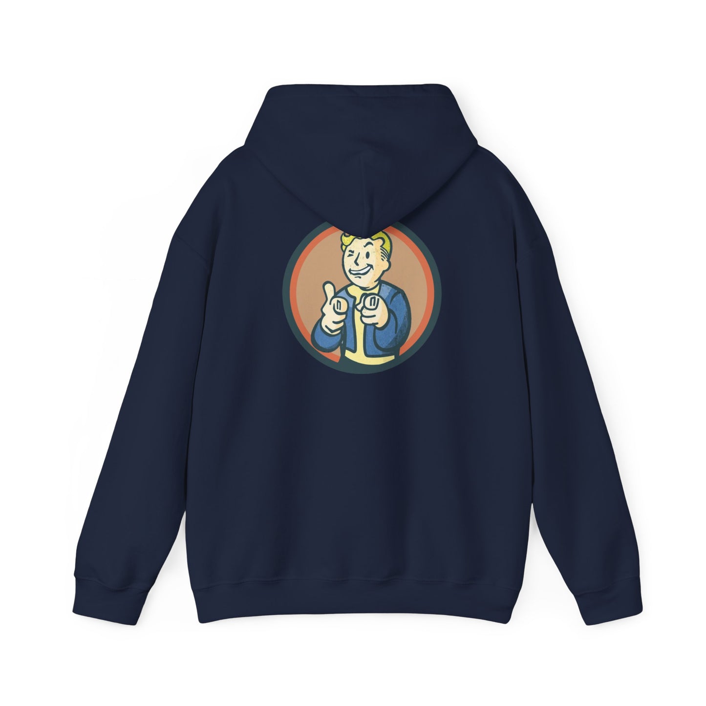 Nuka Cola Nuka Girl Vintage Pin up on the front with Nuka Boy Finger Guns on the back Unisex Hoodie