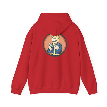 Nuka Cola Nuka Girl Vintage Pin up on the front with Nuka Boy Finger Guns on the back Unisex Hoodie