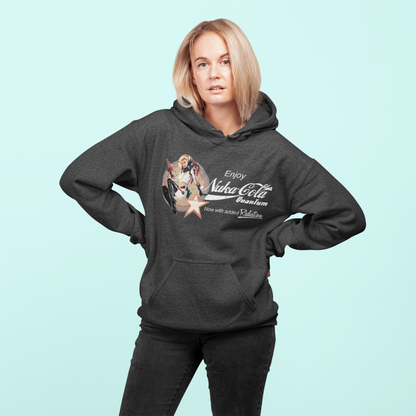 Nuka Cola Nuka Girl Vintage Pin up on the front with Nuka Boy Finger Guns on the back Unisex Hoodie