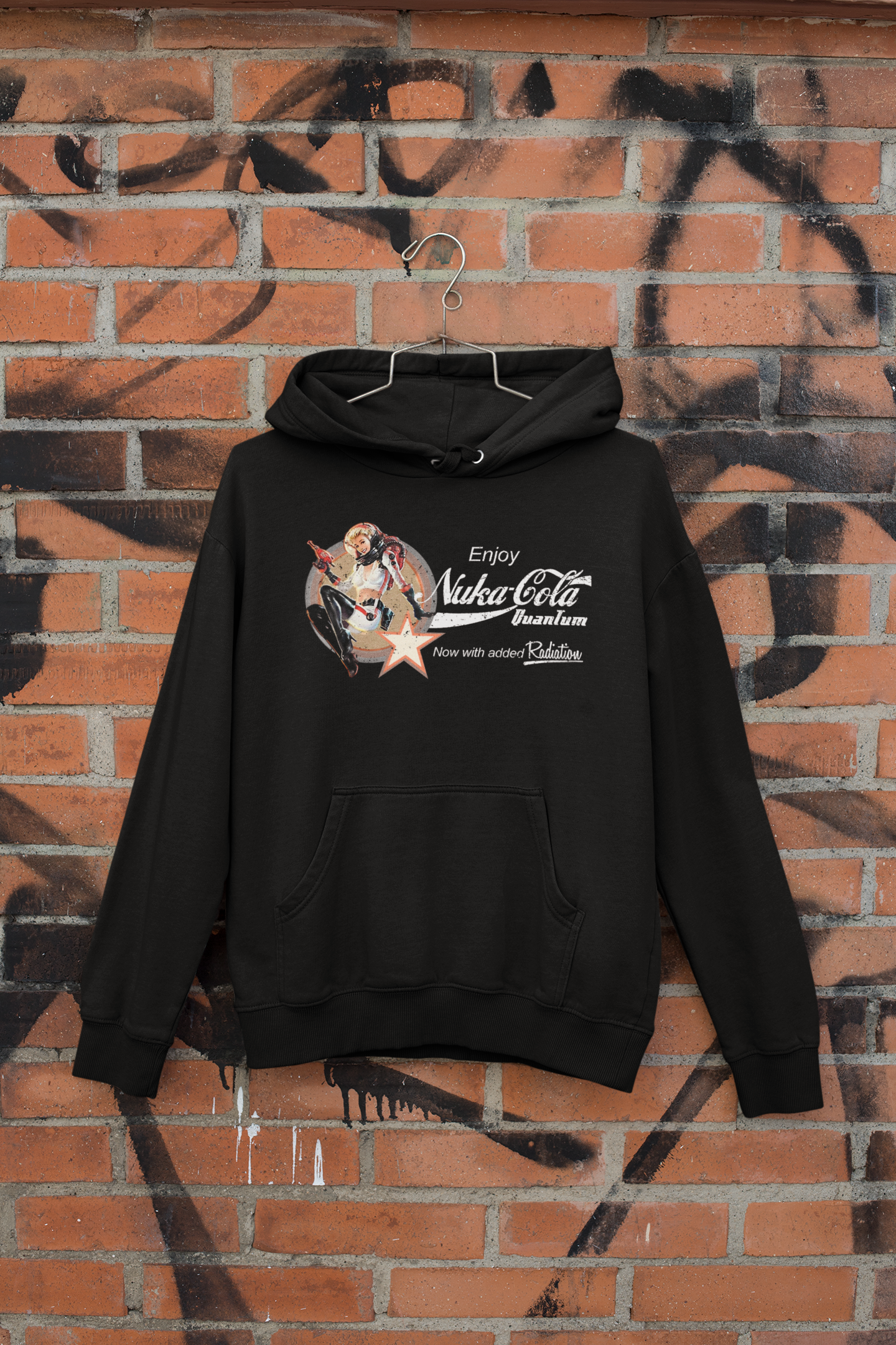 Nuka Cola Nuka Girl Vintage Pin up on the front with Nuka Boy Finger Guns on the back Unisex Hoodie