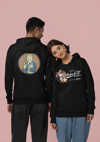 Nuka Cola Nuka Girl Vintage Pin up on the front with Nuka Boy Finger Guns on the back Unisex Hoodie