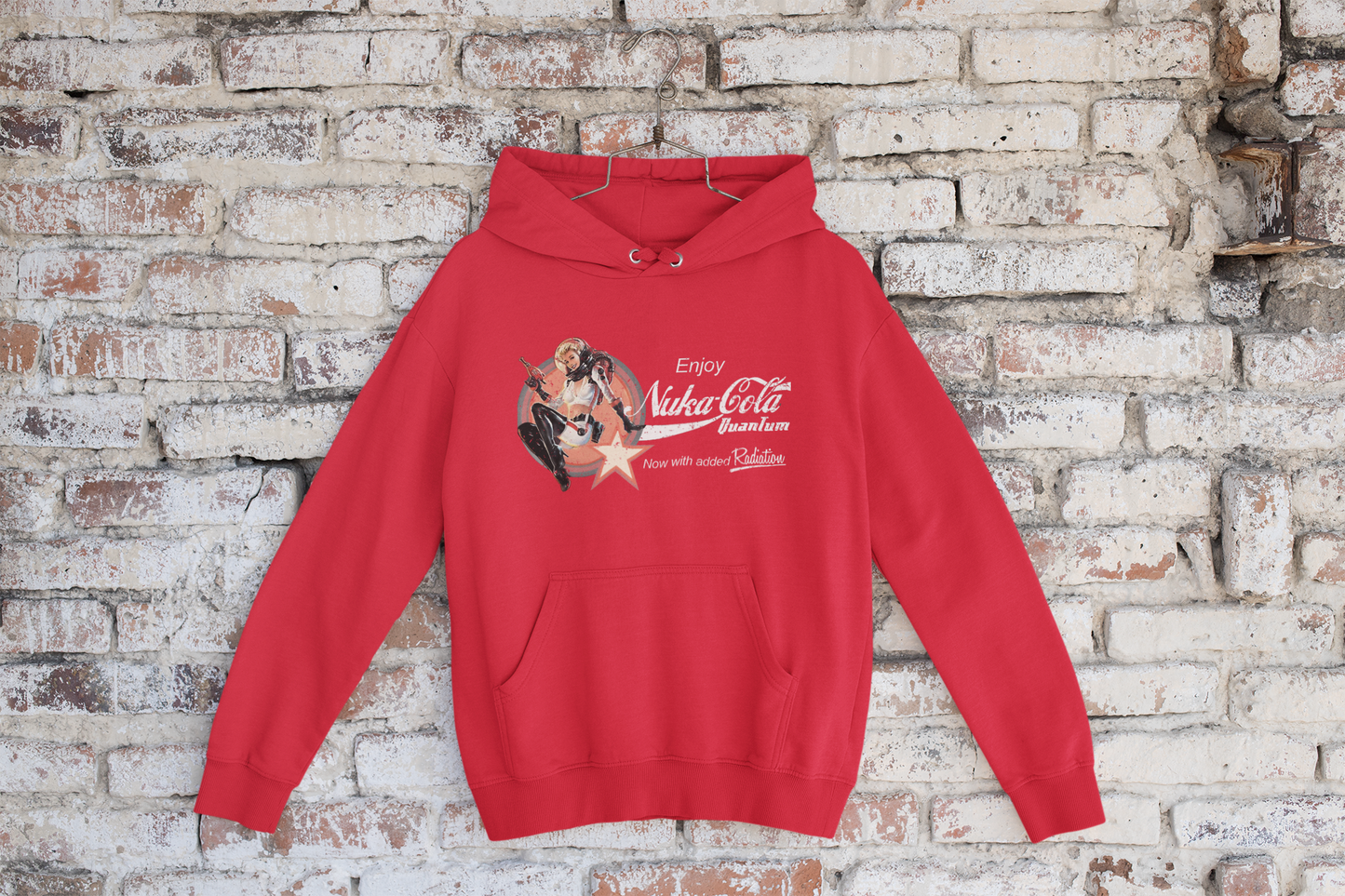 Nuka Cola Nuka Girl Vintage Pin up on the front with Nuka Boy Finger Guns on the back Unisex Hoodie