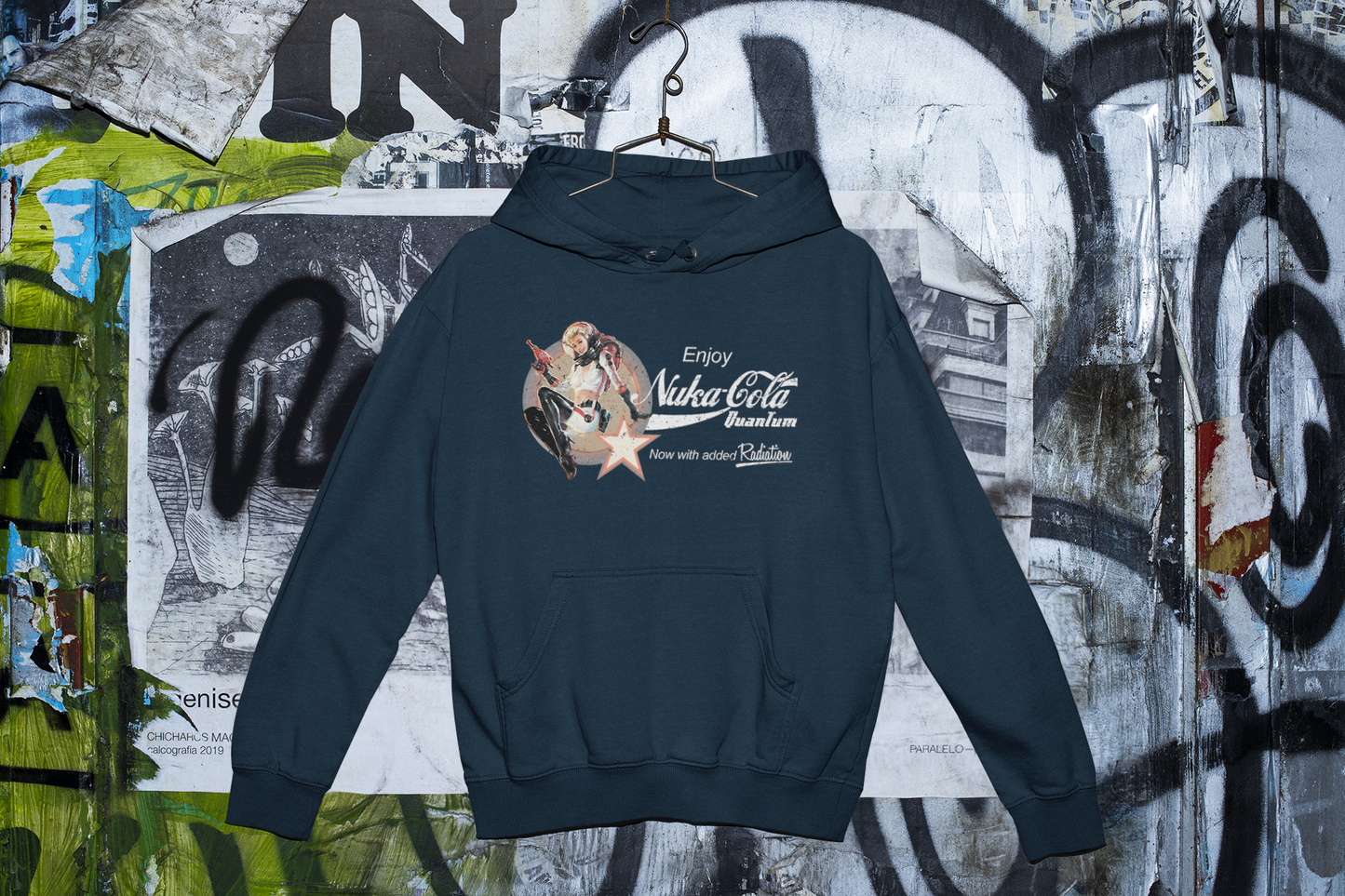 Nuka Cola Nuka Girl Vintage Pin up on the front with Nuka Boy Finger Guns on the back Unisex Hoodie