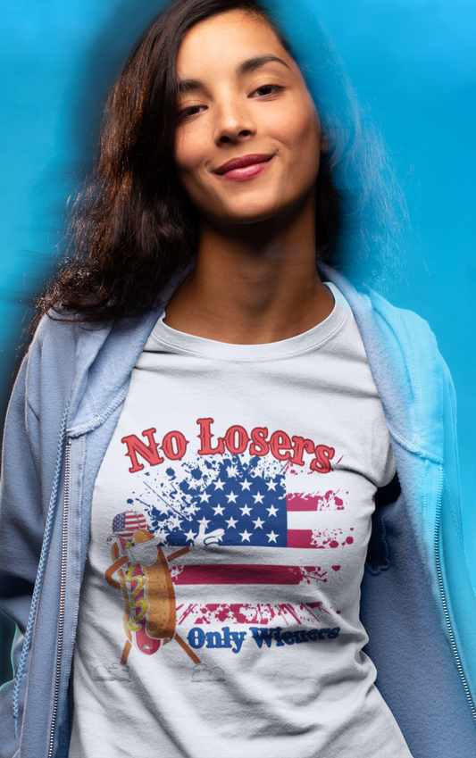 July 4 American Flag No Losers Only Wieners Hot Dog Unisex Short Sleeve Tee