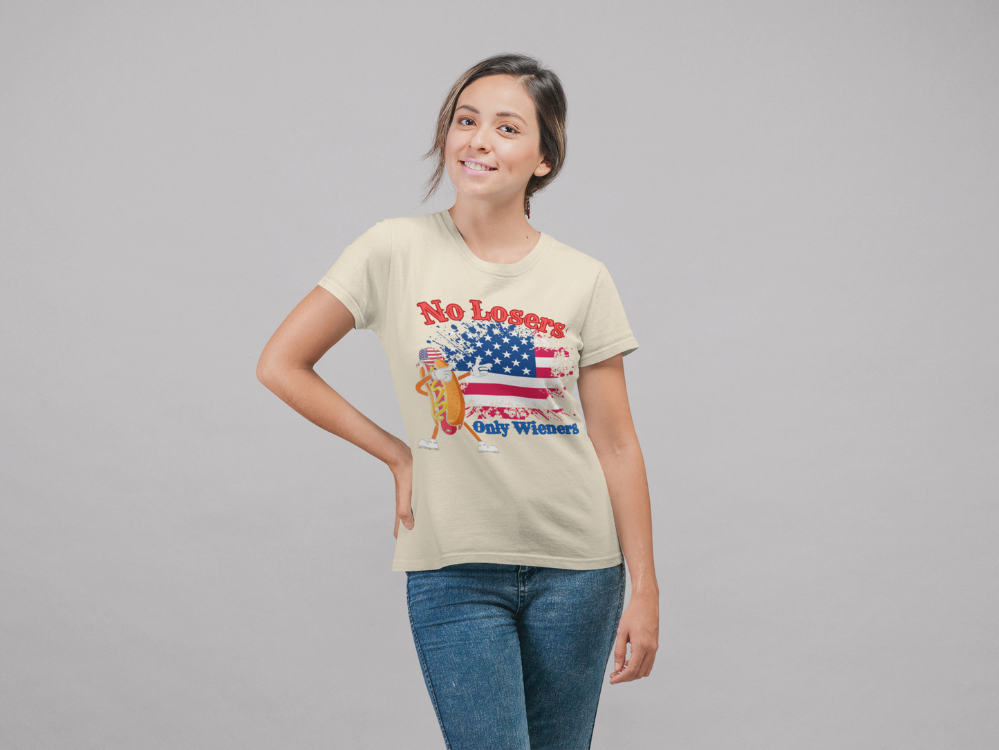 July 4 American Flag No Losers Only Wieners Hot Dog Unisex Short Sleeve Tee